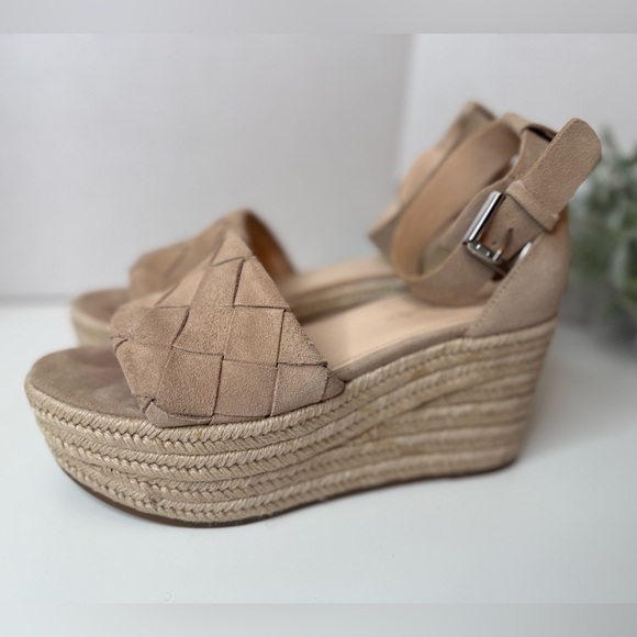 Marc Fisher Women’s Beige/Tan Leather & Suede, Woven Wedge Platform Sandals 8M - Picture 9 of 16
